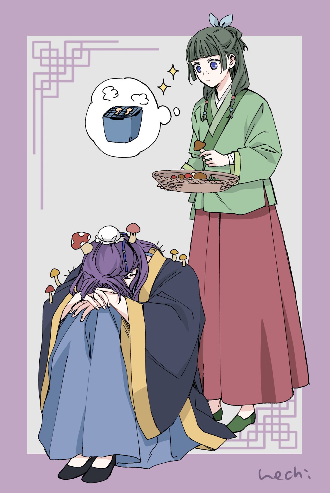 1boy, 1girl, bandaged_arm, bandages, basket, black_footwear, blue_eyes, blunt_bangs, bun_cover, chinese_clothes, closed_mouth, depressed, flats, freckles, full_body, gloom_(expression), green_footwear, green_hair, grey_background, grey_shirt, grill, hair_bun, hair_over_shoulder, hair_ribbon, hanfu, highres, holding, holding_basket, holding_mushroom, imagining, jinshi_(kusuriya_no_hitorigoto), knees_up, kusuriya_no_hitorigoto, long_hair, long_sleeves, looking_at_another, maomao_(kusuriya_no_hitorigoto), multi-tied_hair, mushroom, mushroom_on_head, nechi, outside_border, own_hands_together, purple_hair, red_skirt, ribbon, sad, shirt, shoes, sidelocks, single_hair_bun, sitting, skirt, sparkle, standing, thought_bubble, twintails, wide_sleeves