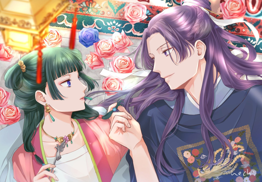 1boy, 1girl, beads, blue_eyes, blue_flower, blue_rose, blunt_bangs, blurry