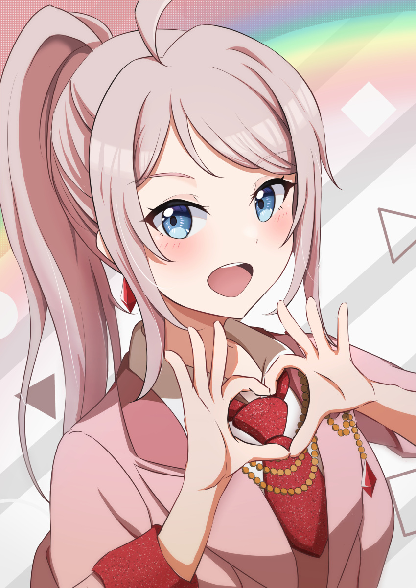 1girl, absurdres, ahoge, blue_eyes, blush, collared_shirt, commentary, commentary_request, earrings, heart, heart_hands, highres, jacket, jewelry, long_hair, long_sleeves, looking_at_viewer, love_live!, love_live!_nijigasaki_high_school_idol_club, necktie, ninben_(ninben_2892), open_mouth, pink_hair, pink_jacket, ponytail, rainbow, red_necktie, shirt, sidelocks, solo, suit, swept_bangs, teeth, upper_body, upper_teeth_only, vroom_vroom_(love_live!), white_shirt, zhong_lanzhu