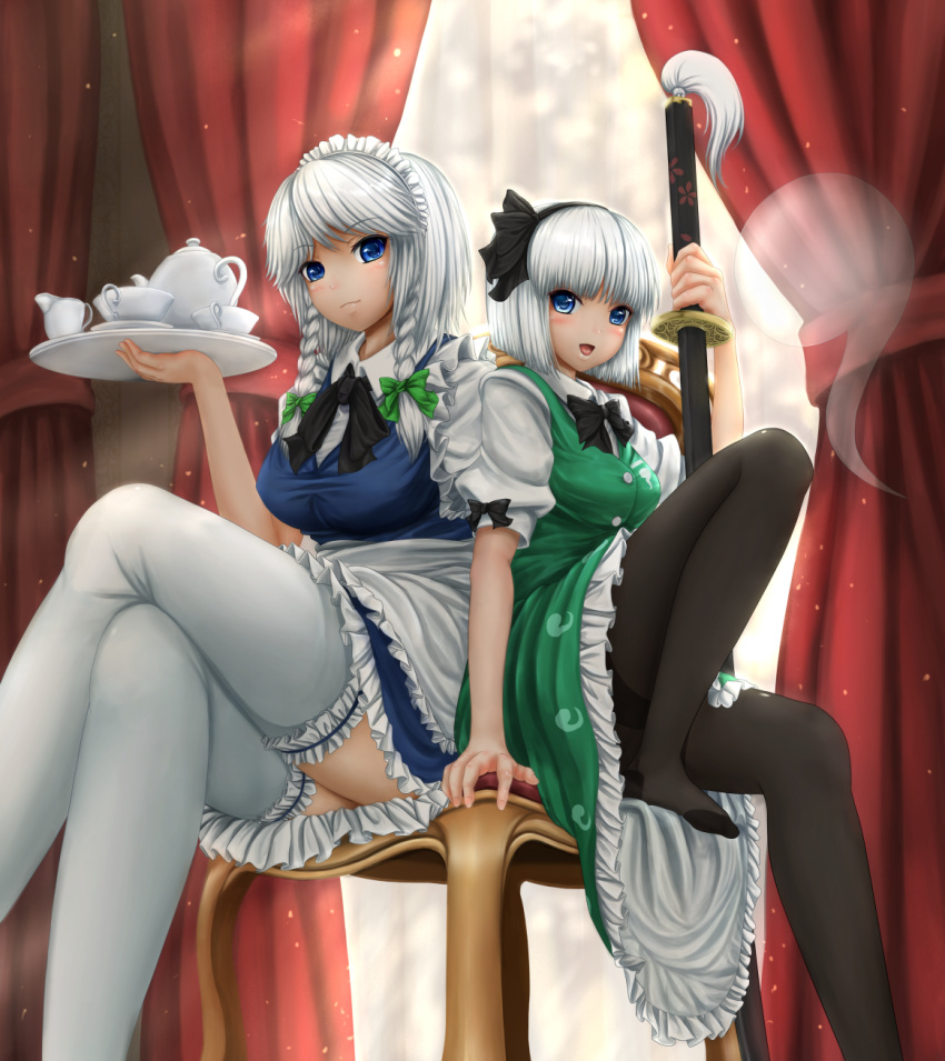 black_legwear, blue_eyes, braid, breasts, crossed_legs, green_eyes, hairband, highres