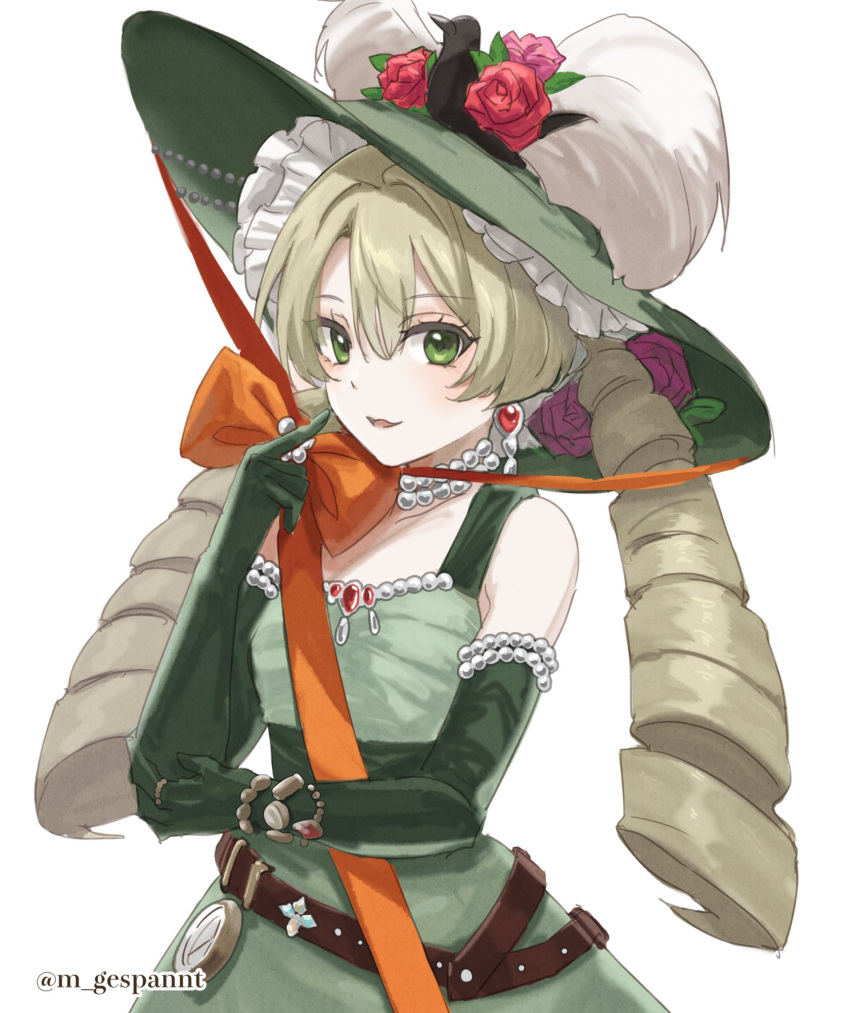 1girl, bare_shoulders, belt, blonde_hair, bow, brown_belt, chin_strap, dress
