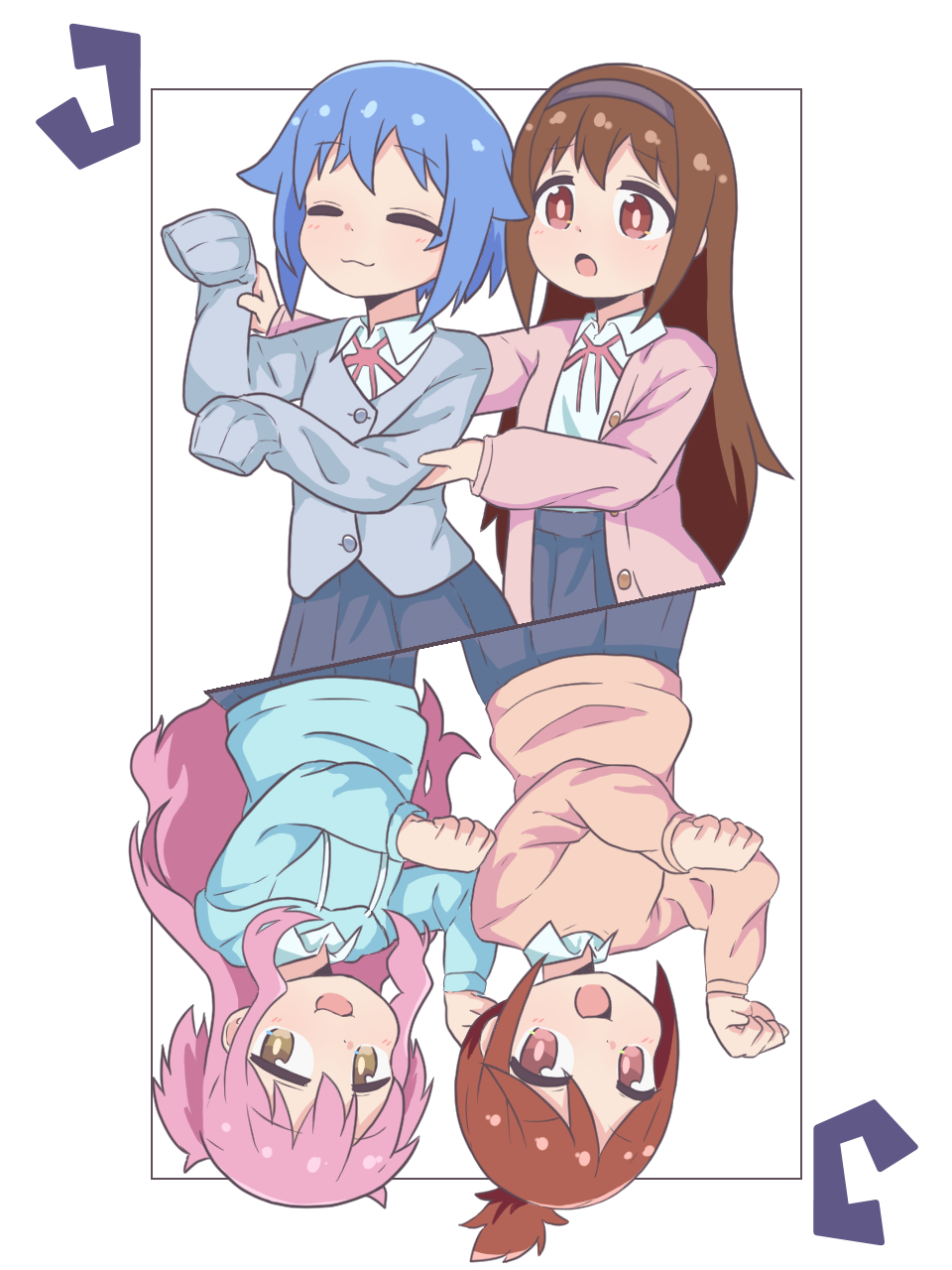 4girls, :3, :d, black_skirt, blue_hair, brown_eyes, brown_hair, closed_eyes