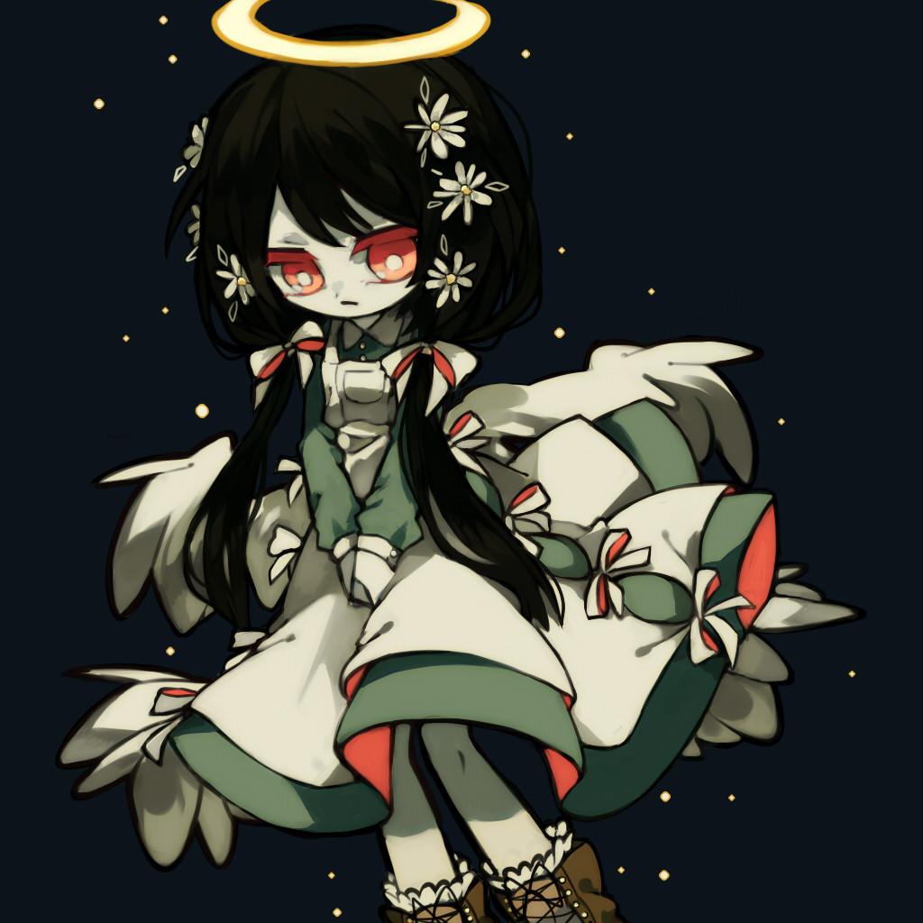 1girl, amasonakius, angel, angel_wings, cosmea, dress, flower, funamusea, green_dress, haiiro_teien, hair_flower, hair_ornament, hair_ribbon, long_hair, long_sleeves, looking_at_viewer, low_twintails, ribbon, twintails, white_flower, white_ribbon, wings