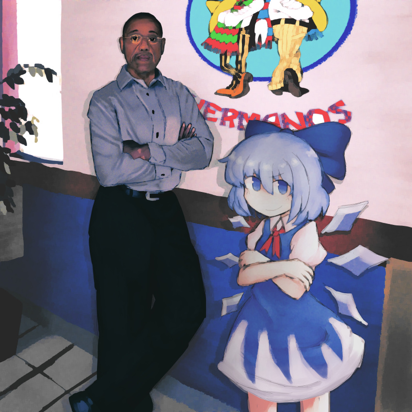 1boy, 1girl, absurdres, black_pants, blue_dress, blue_eyes, blue_hair, breaking_bad