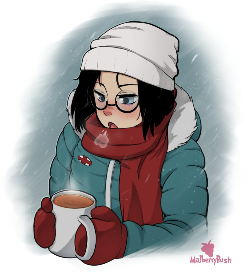 1girl, artist_name, beanie, black-framed_eyewear, black_hair, blue_coat, blue_eyes, breath