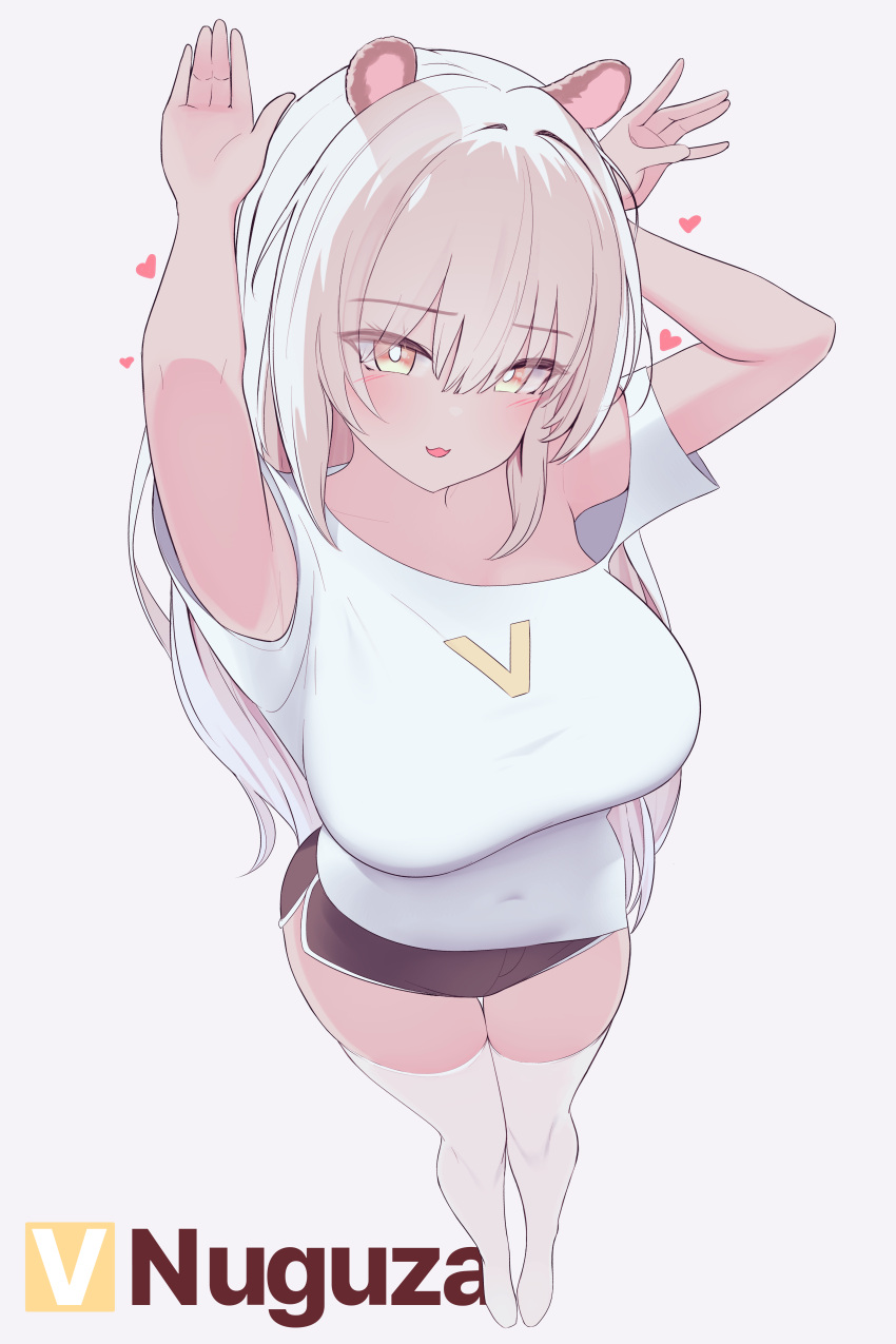 1girl, absurdres, animal_ears, breasts, dolphin_shorts, fake_animal_ears, from_above, heart