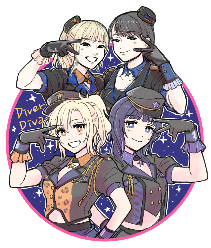 4girls, absurdres, asaka_karin, black_eyes, black_gloves, black_hair, blonde_hair, blue_eyes