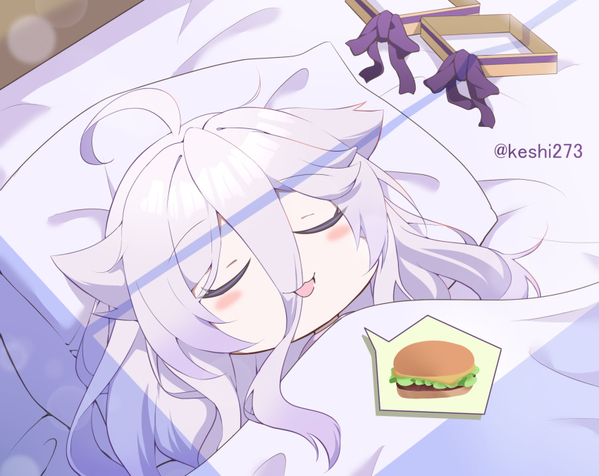 1girl, ahoge, bed_sheet, burger, closed_eyes, food, grey_hair, hair_between_eyes
