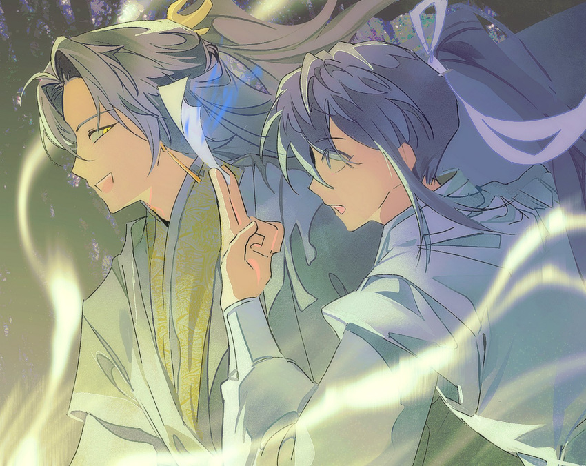 2boys, blue_eyes, dangle_earrings, earrings, from_side, glowing, gold, hair_ornament