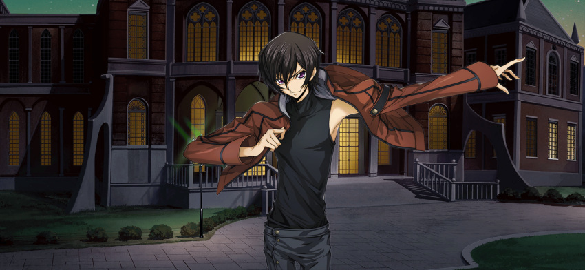 1boy, arm_up, armpits, artist_request, black_hair, black_shirt, brown_jacket, building