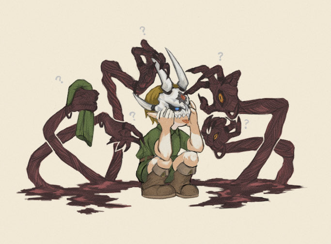 1boy, :p, ?, bare_arms, black_sclera, bone_mask, boots, character_request, clothes_grab, colored_sclera, exposed_muscle, eye_contact, fake_horns, fingernails, green_headwear, green_tunic, grrr0111, hands_up, hat, holding, holding_clothes, holding_hat, horns, knee_boots, link, looking_at_another, male_focus, mask, monster, pointy_ears, poking, sharp_fingernails, short_sleeves, simple_background, slit_pupils, squatting, the_legend_of_zelda, tongue, tongue_out, unworn_hat, unworn_headwear, yellow_eyes