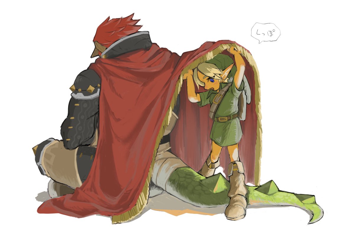 2boys, armor, arms_up, backlighting, bandaged_tail, bare_arms, belt, black_jacket, blonde_hair, blue_eyes, boots, cape_lift, commentary, fringe_trim, from_behind, ganondorf, green_headwear, green_tail, green_tunic, grey_pants, grrr0111, hat, height_difference, indian_style, jacket, knee_boots, knee_guards, link, lizard_tail, looking_down, male_focus, multiple_boys, open_mouth, pants, pauldrons, pointy_ears, pointy_nose, redhead, short_hair, short_sleeves, shoulder_armor, simple_background, sitting, standing, symbol-only_commentary, tail, the_legend_of_zelda, white_background