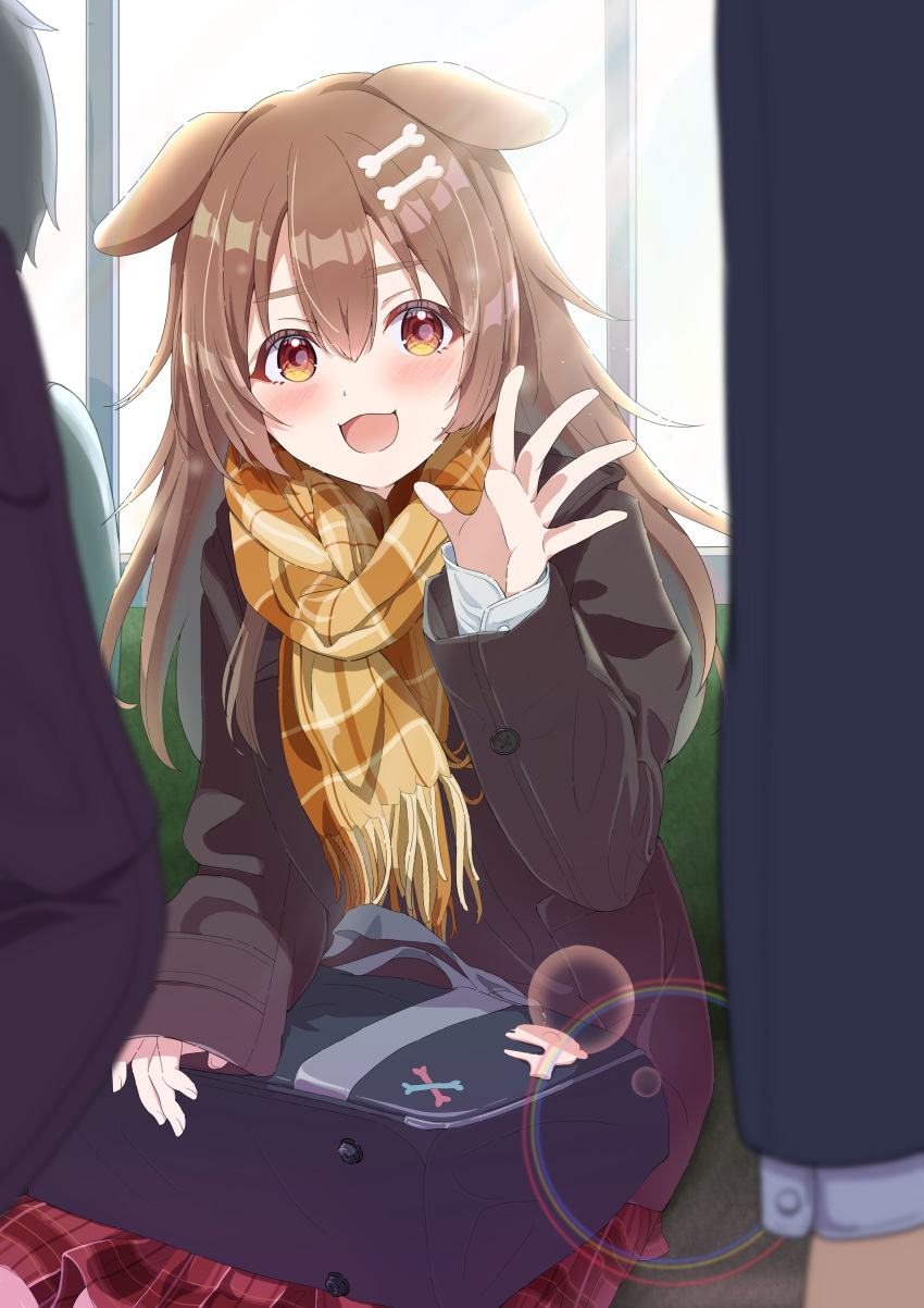 1girl, absurdres, alternate_costume, animal_ears, bag, black_coat, blush, bone_hair_ornament, brown_eyes, brown_hair, coat, commentary_request, cowboy_shot, dog_ears, dog_girl, dot_nose, double-parted_bangs, hair_between_eyes, hair_ornament, highres, hololive, inugami_korone, lens_flare, listener_(inugami_korone), long_hair, long_sleeves, looking_at_viewer, mimo_(mimo_illust), open_mouth, people, plaid, plaid_skirt, red_skirt, scarf, school_bag, school_uniform, sidelocks, sitting, skirt, smile, solo_focus, train_interior, virtual_youtuber, waving, winter_clothes, winter_uniform, yellow_scarf