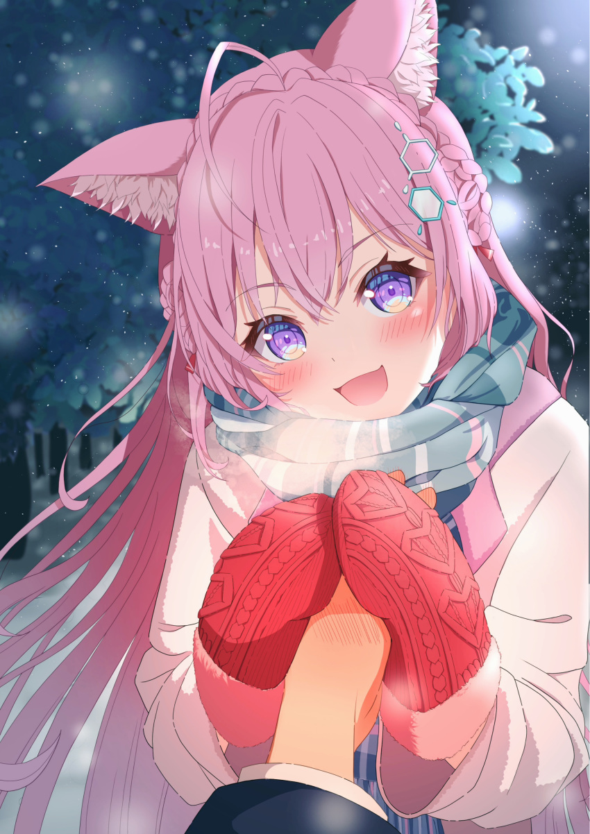 1girl, absurdres, alternate_costume, animal_ear_fluff, animal_ears, blue_scarf, blush, braid
