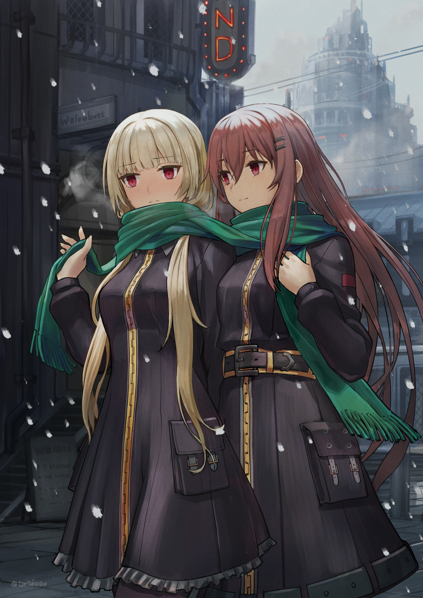 2girls, belt, blush, breasts, brown_hair, closed_mouth, commentary_request, commission