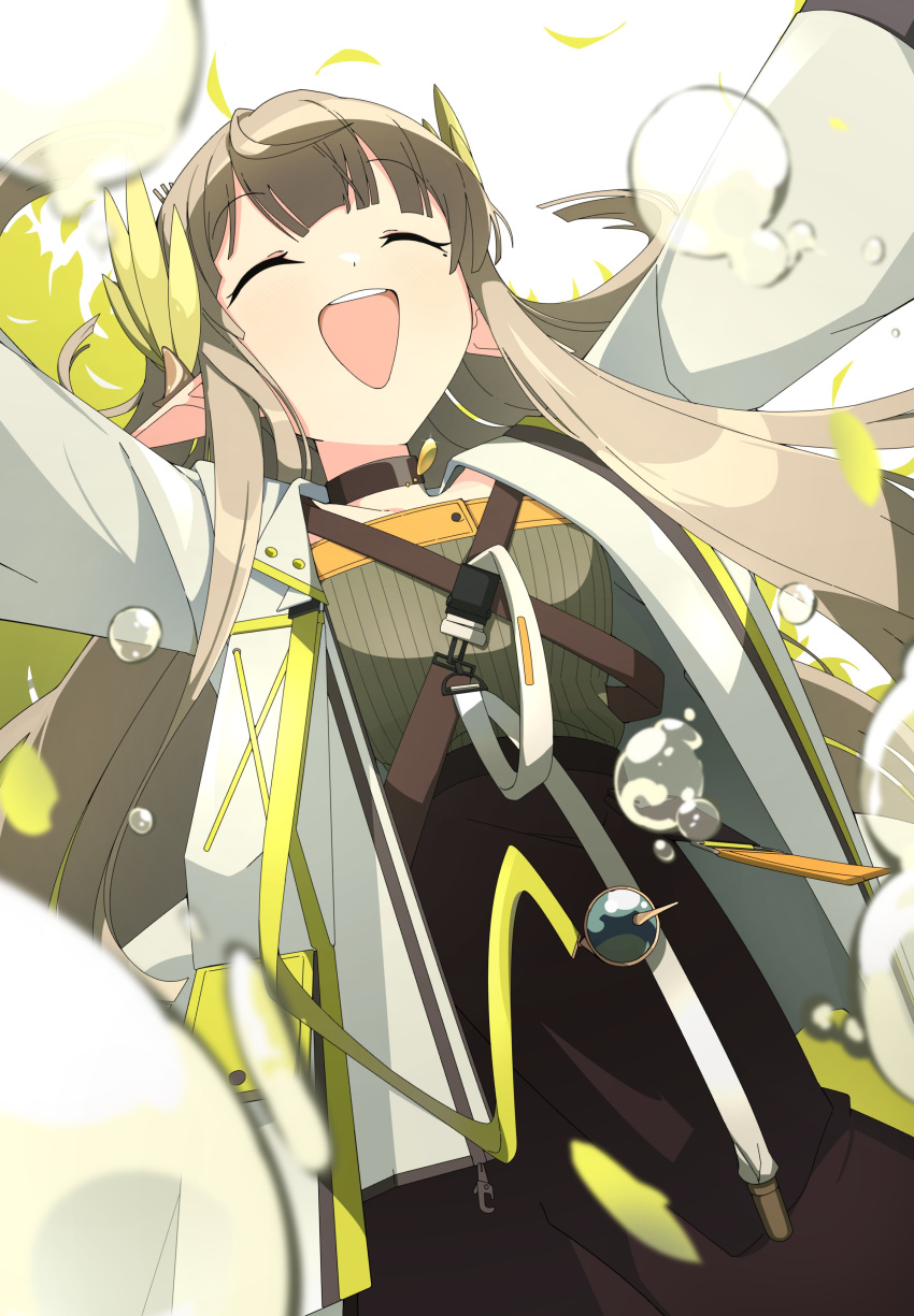 1girl, absurdres, arknights, black_choker, blush, brown_hair, bubble, choker