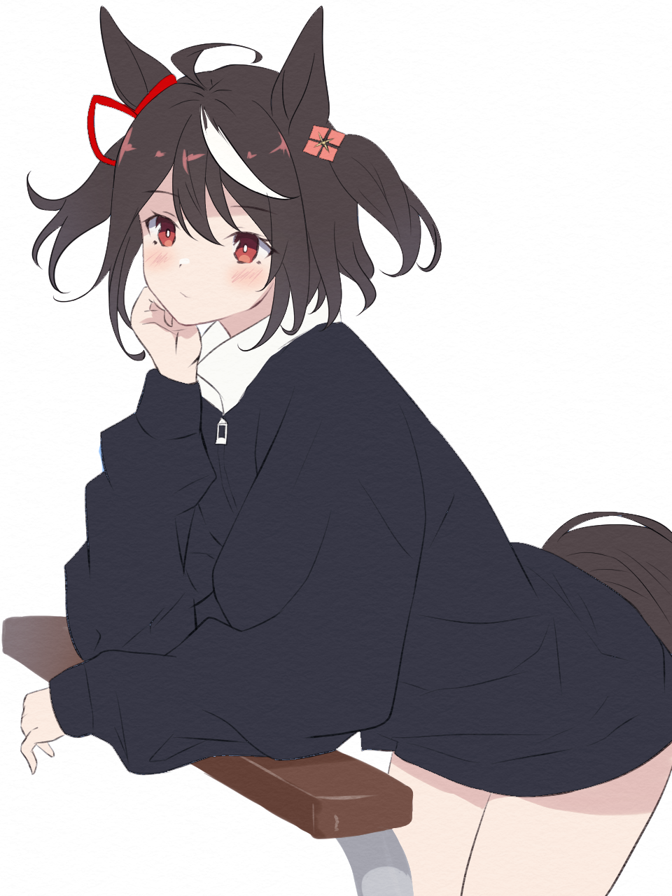 1girl, ahoge, alternate_costume, animal_ears, black_hair, black_sweater, commentary, ear_ornament, ear_ribbon, from_side, highres, horse_ears, horse_girl, horse_tail, kitasan_black_(umamusume), looking_to_the_side, multicolored_hair, red_eyes, red_ribbon, ribbon, short_hair, simple_background, solo, streaked_hair, sweater, tail, umamusume, wa_(wamizest7), white_background