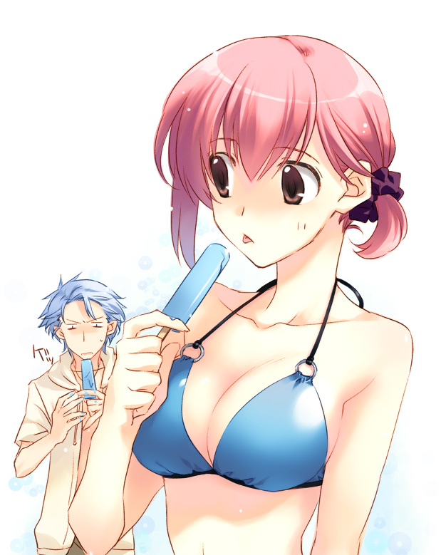 bikini, bikini_top, blue_hair, breasts, brown_eyes, cleavage, o-ring_top, pink_hair