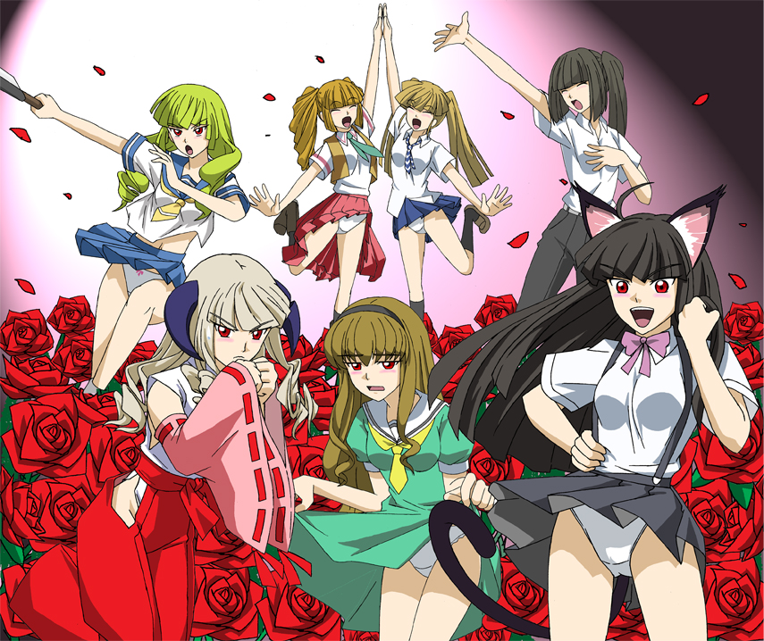 animal_ears, asmodeus, beelzebub, belphegor, billhook, black_hair, blonde_hair, bow