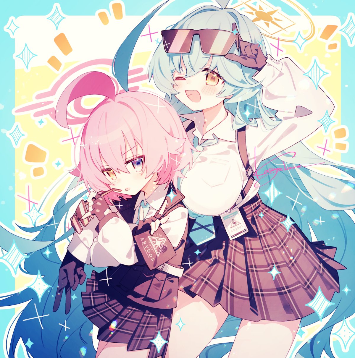 2girls, ahoge, aqua_hair, armband, black_armband, black_gloves, black_skirt, blue_archive