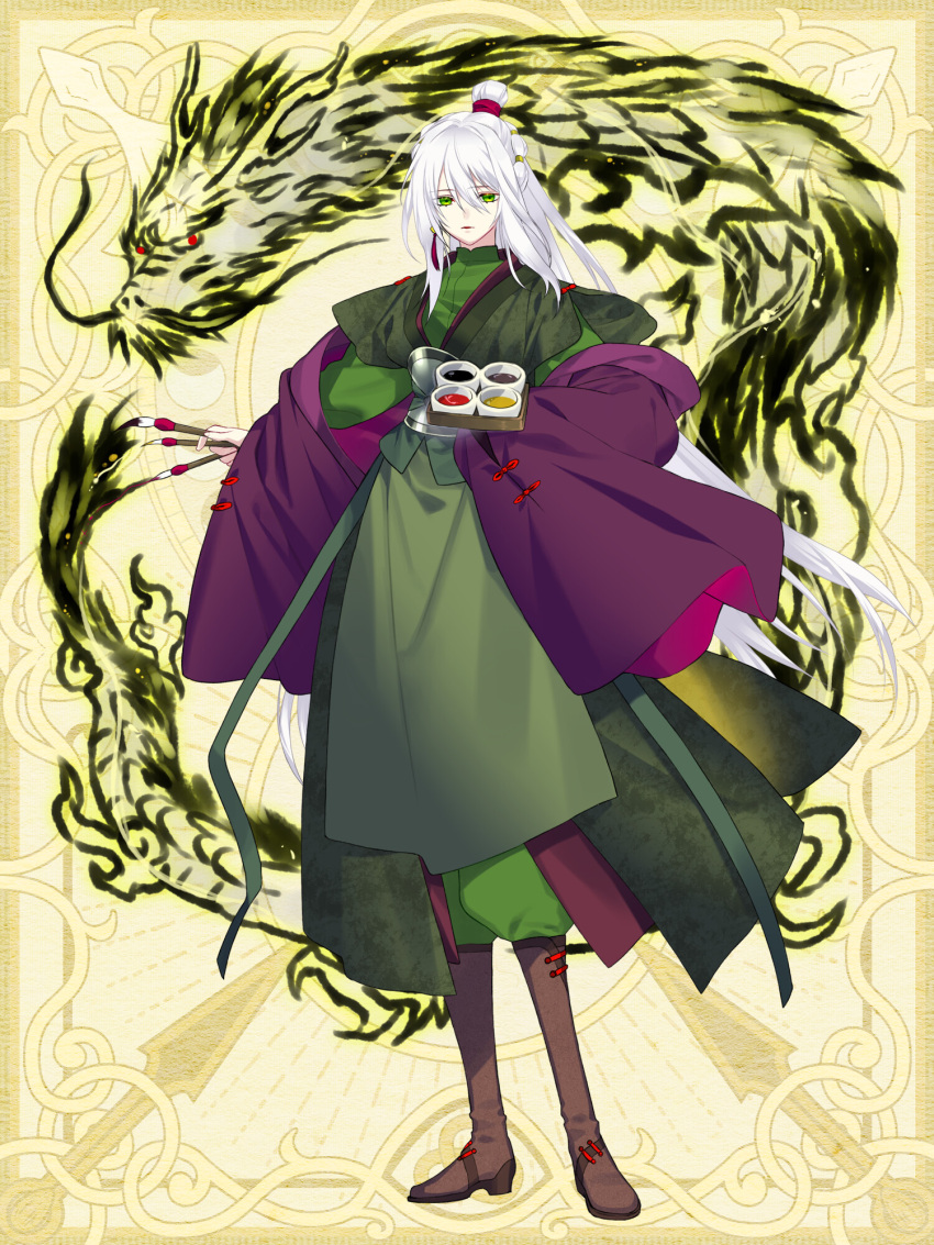 1boy, between_fingers, boots, brown_footwear, chain_paradox, chinese_clothes, dragon, earrings