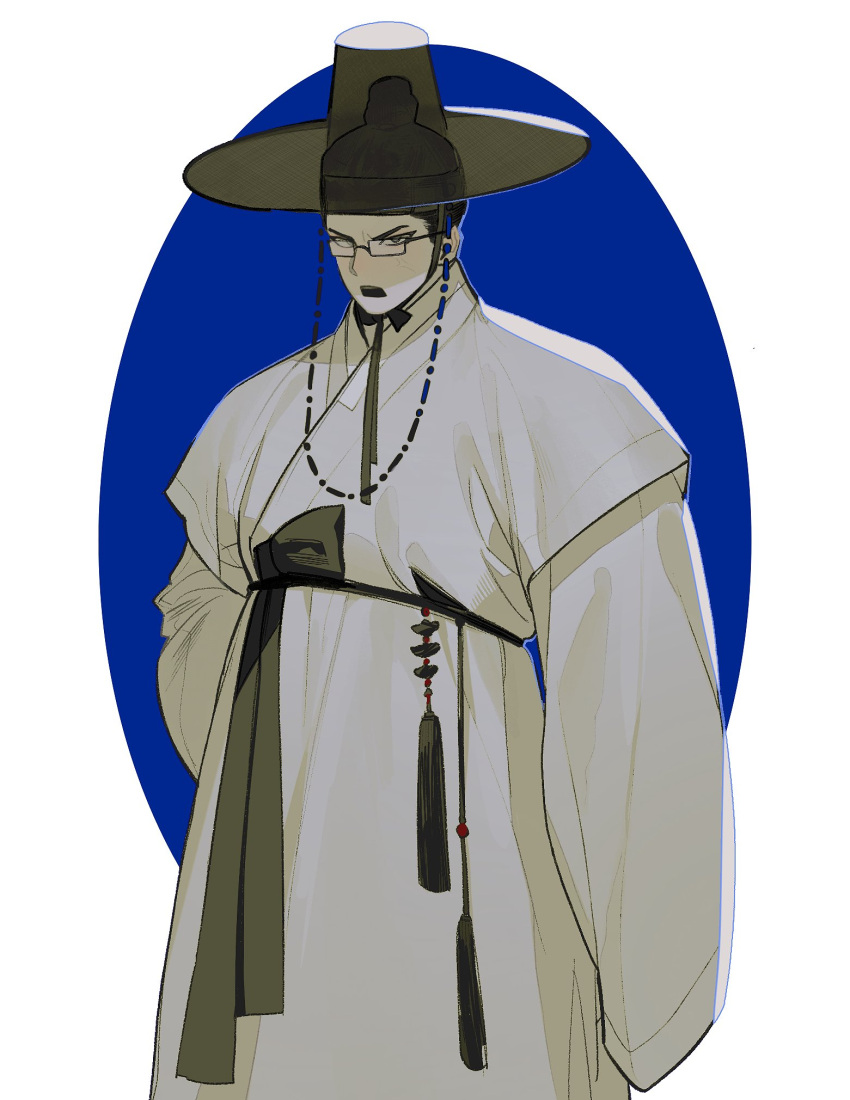 1boy, black_headwear, blue_background, furrowed_brow, gat_(korean_traditional_hat), grey_eyes, grey_hanbok, hair_bun