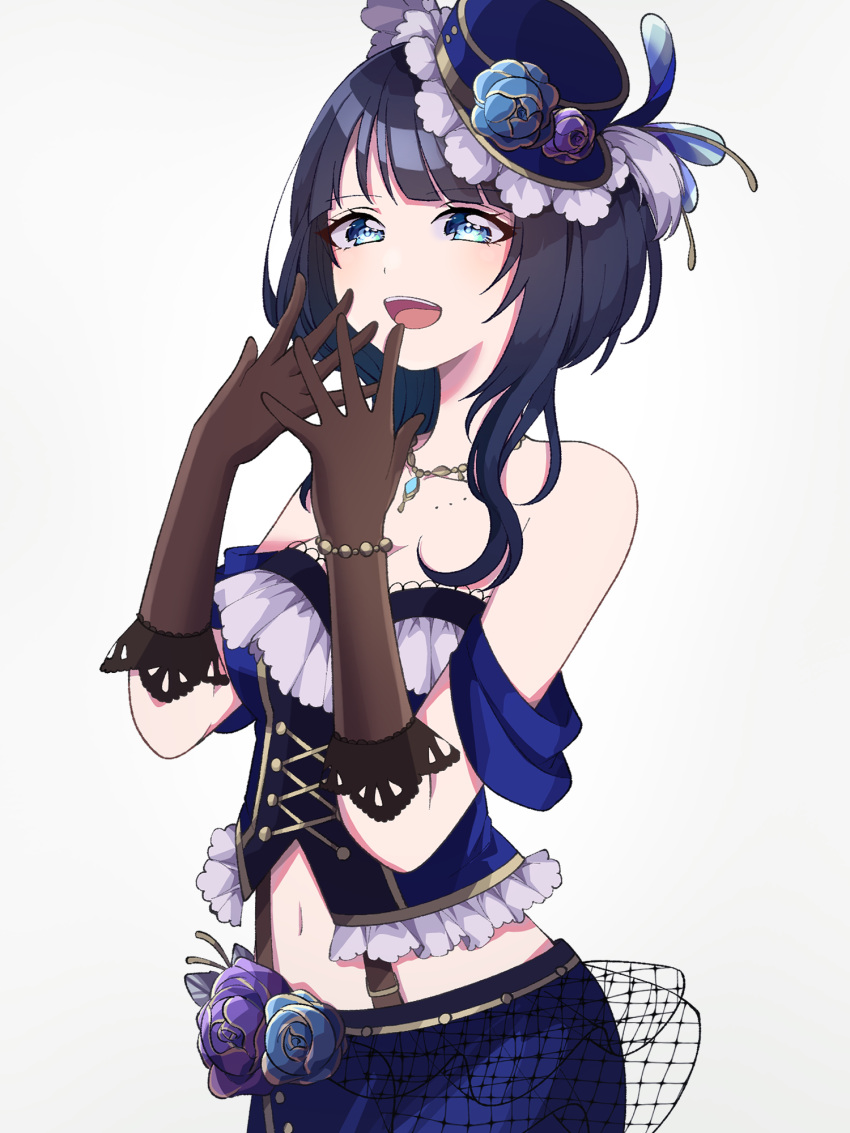1girl, asaka_karin, black_gloves, blue_eyes, blue_hair, blue_headwear, blunt_bangs, commentary