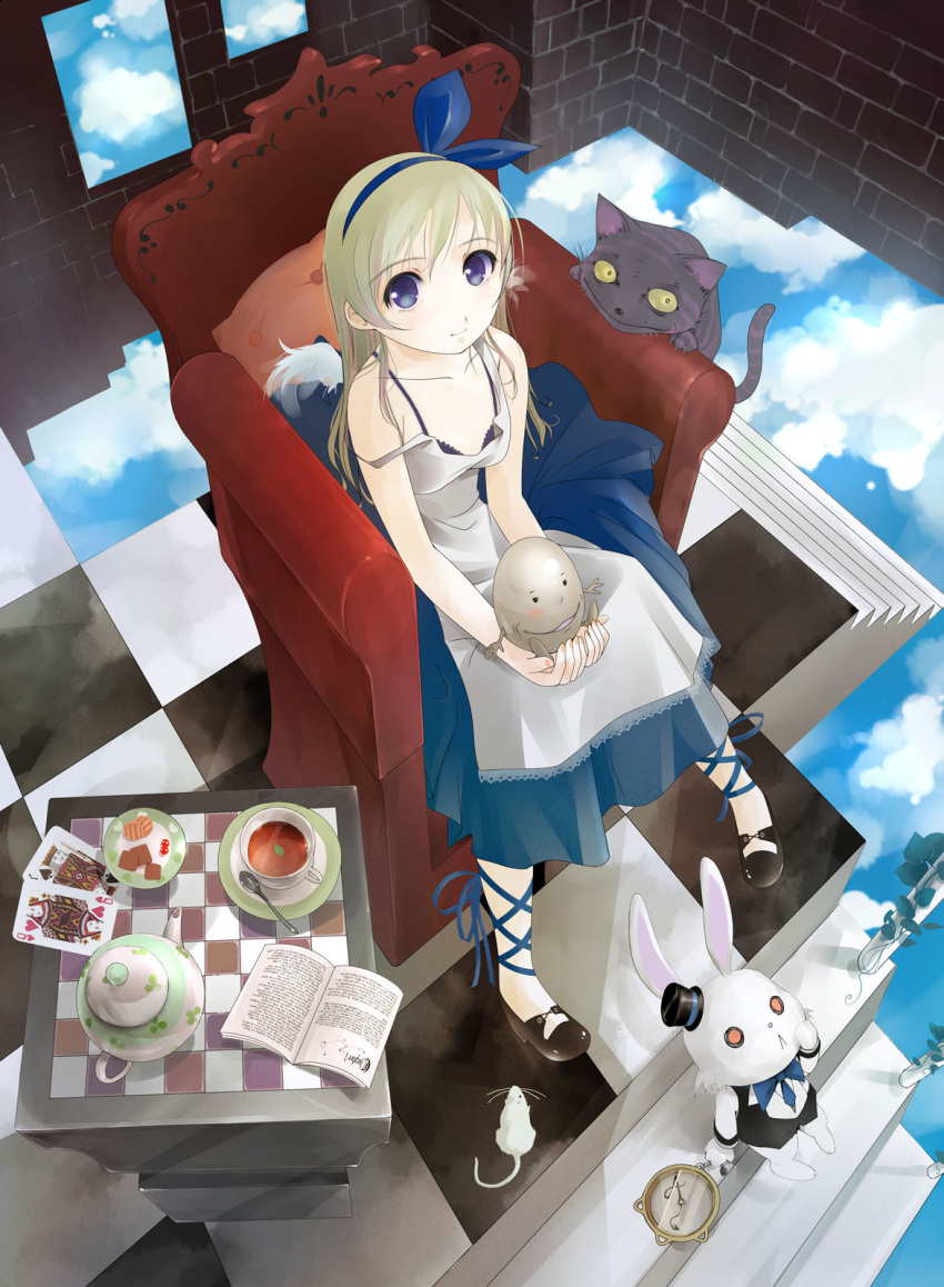 alice_in_wonderland, apron, book, card, cat, chair, checkered, cheshire_cat