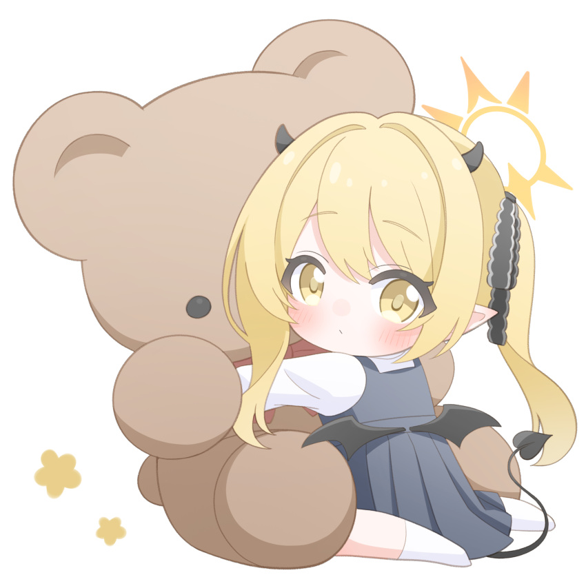 1girl, black_dress, black_horns, black_ribbon, black_tail, black_wings, blonde_hair, blue_archive
