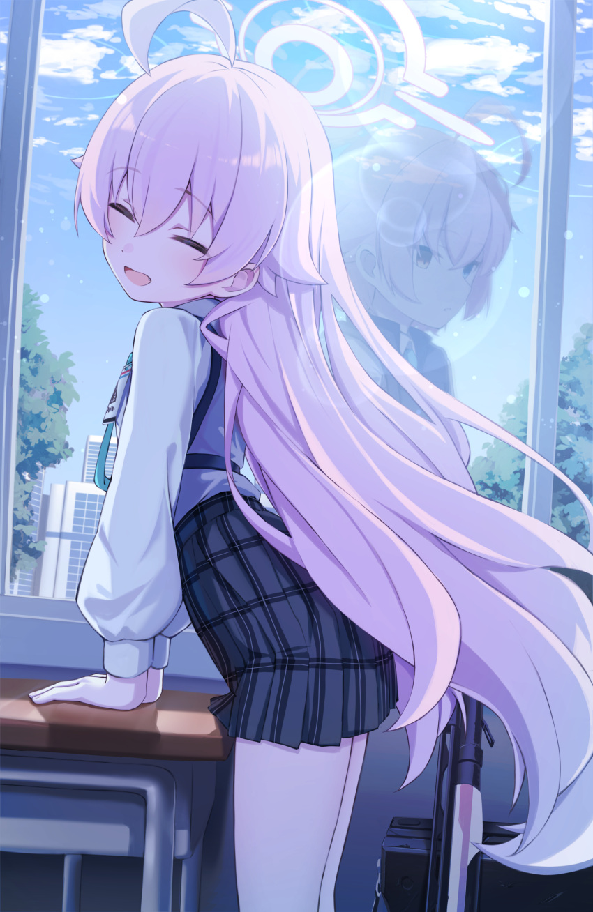 1girl, ^_^, absurdres, against_table, beretta_1301, black_skirt, blue_archive, blue_eyes