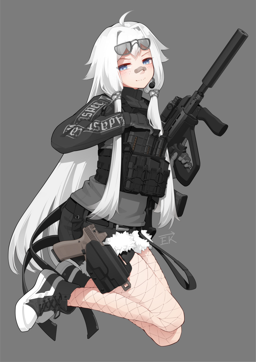 1girl, absurdres, ahoge, ammunition_pouch, assault_rifle, bandaid, bandaid_on_face, bandaid_on_nose, black_footwear, black_gloves, black_shirt, black_shorts, blue_eyes, body_armor, breasts, bulletproof_vest, bullpup, compensator, fishnet_pantyhose, fishnets, foregrip, freckles, glock, gloves, grey_background, gun, handgun, highres, holding, holding_gun, holding_weapon, holster, jumping, light_smile, long_hair, long_sleeves, magazine_(weapon), microphone, original, pantyhose, plate_carrier, pouch, red_dot_sight, rifle, shirt, shoes, shorts, simple_background, smile, sneakers, solo, steyr_aug, suppressor, trigger_discipline, vectorek, vertical_foregrip, very_long_hair, weapon, white_hair