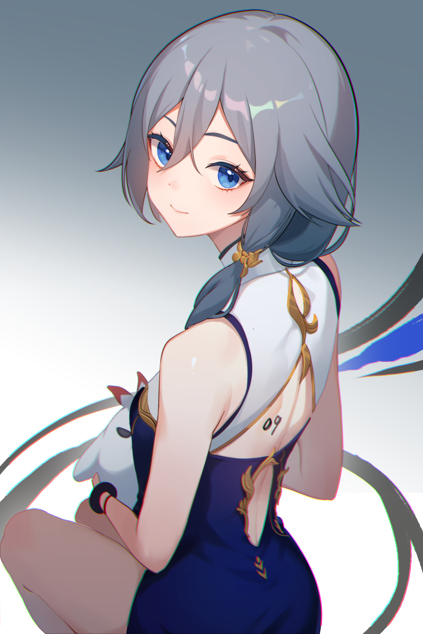 1girl, absurdres, back_cutout, blue_dress, blue_eyes, blue_hair, china_dress, chinese_clothes, clothing_cutout, dress, eyeliner, fu_hua, fu_hua_(blue_swallow), fu_hua_(valkyrie_accipiter), grey_hair, hair_between_eyes, highres, honkai_(series), honkai_impact_3rd, huang_tie_lin, jingwei_(bird), light_smile, long_hair, looking_at_viewer, low-tied_long_hair, low_ponytail, makeup, official_alternate_costume, ponytail, red_eyeliner, sitting, sleeveless, solo, thighs