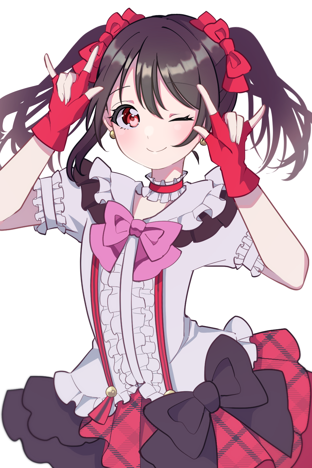 1girl, \m/, black_bow, black_hair, bokura_wa_ima_no_naka_de, bow, center_frills, choker, closed_mouth, commentary, commentary_request, fingerless_gloves, frilled_choker, frilled_shirt, frills, gloves, hair_between_eyes, hands_up, highres, kam_tuki, looking_at_viewer, love_live!, love_live!_school_idol_project, medium_hair, nico_nico_nii, one_eye_closed, puffy_short_sleeves, puffy_sleeves, red_eyes, red_gloves, red_skirt, shirt, short_sleeves, sidelocks, skirt, smile, solo, suspender_skirt, suspenders, twintails, upper_body, white_background, white_shirt, yazawa_nico