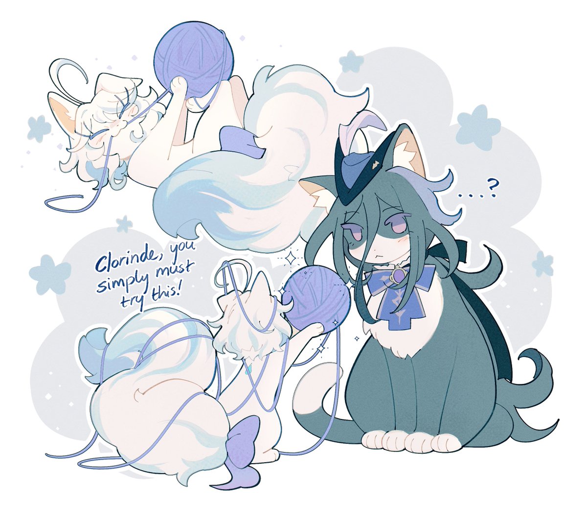 ...?, 2girls, ahoge, animification, black_cat, black_hair, cat, clorinde_(genshin_impact)