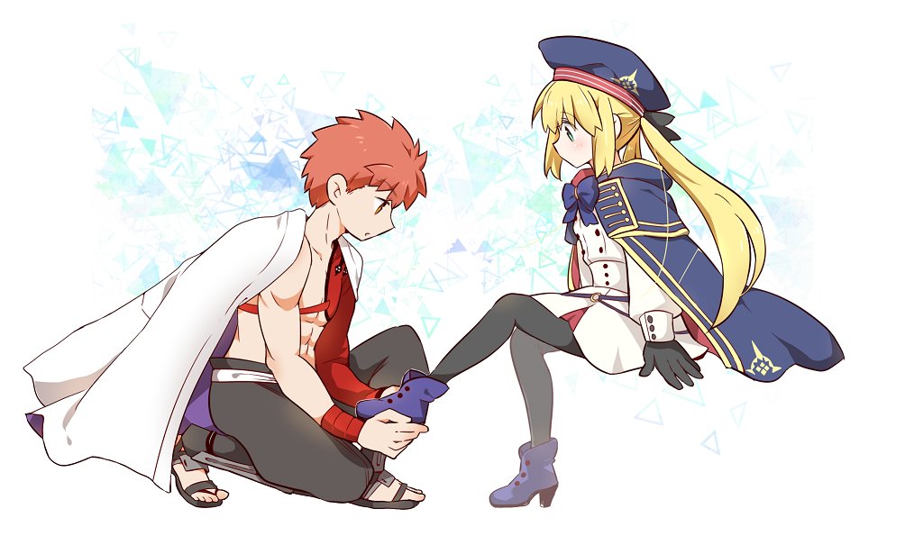 1boy, 1girl, ankle_boots, artoria_caster_(fate), artoria_caster_(second_ascension)_(fate), artoria_pendragon_(fate), belt, beret