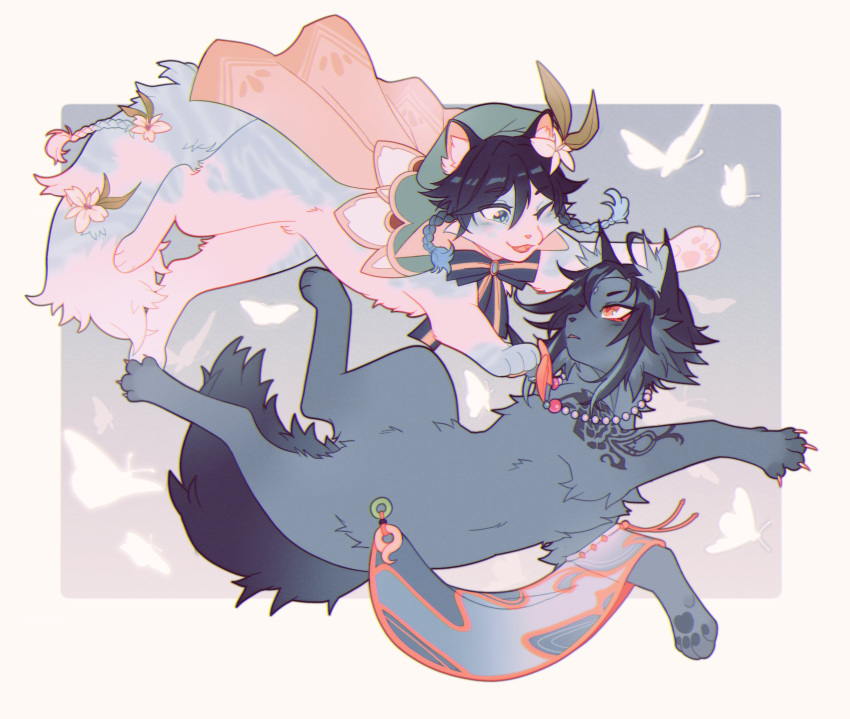2boys, animal_ears, animification, black_hair, braid, bug, butterfly, cat_boy