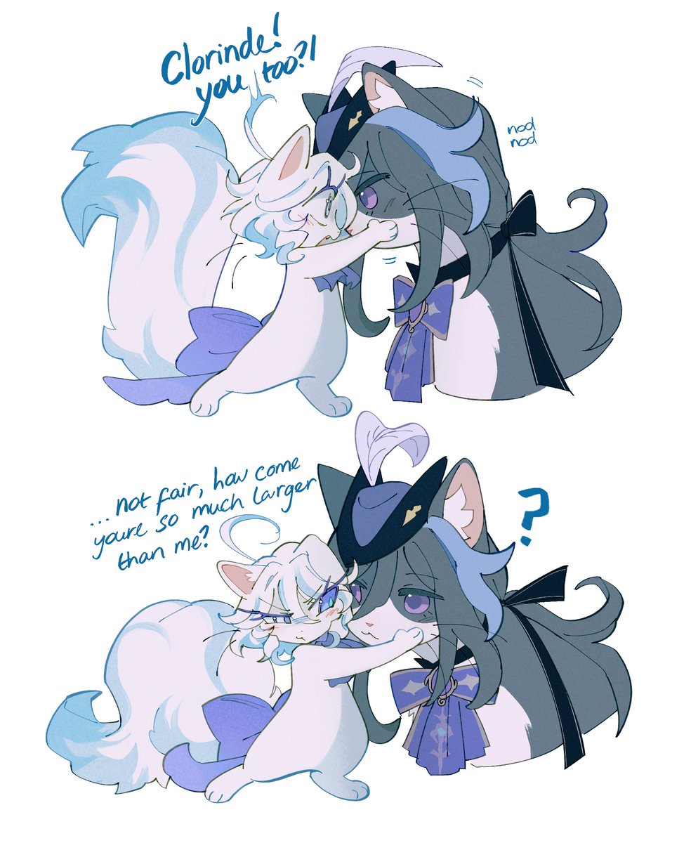 2girls, ?, ahoge, animal_ears, animification, black_cat, blue_ribbon, cat