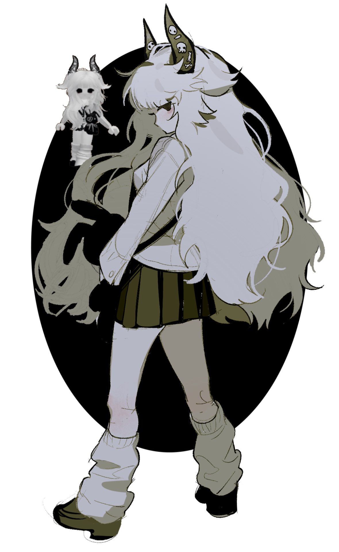 1girl, animal_bag, black_background, black_bag, black_eyes, black_footwear, black_horns, black_skirt