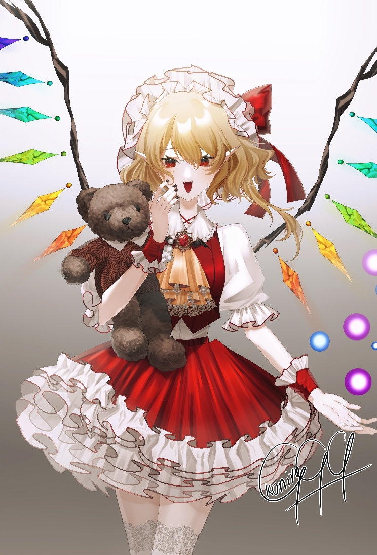 1girl, ascot, blonde_hair, cowboy_shot, crystal_wings, fang, flandre_scarlet, frills, hair_ribbon, hat, koniro999, mob_cap, open_mouth, pointy_ears, puffy_short_sleeves, puffy_sleeves, red_eyes, red_ribbon, ribbon, short_sleeves, signature, simple_background, solo, stuffed_animal, stuffed_toy, tachi-e, teddy_bear, touhou, white_background, yellow_ascot