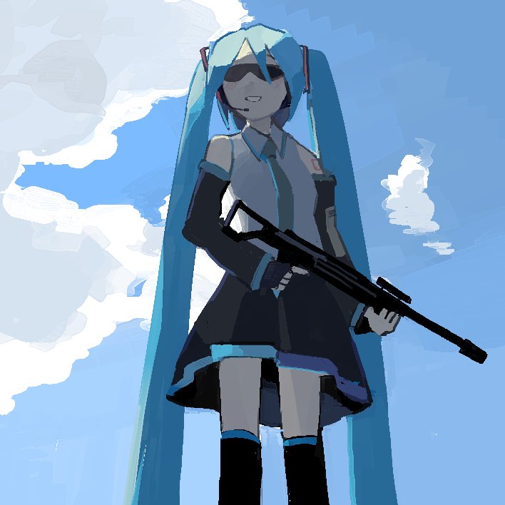 1girl, black_gloves, black_skirt, black_thighhighs, blue_hair, blue_necktie, clouds, collared_shirt