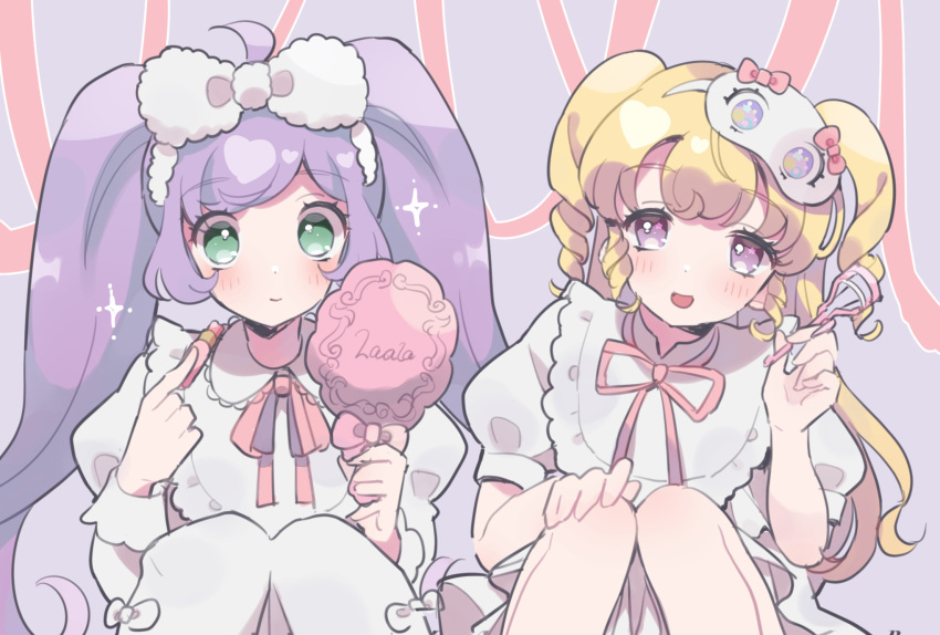 2girls, blonde_hair, bow, character_name, closed_mouth, collared_dress, cosmetics, dress, eyelash_curler, hair_bow, hairband, hand_mirror, hand_up, hands_up, highres, holding, holding_lipstick_tube, holding_mirror, hoshikuzu_(pinkholic), idol_time_pripara, juliet_sleeves, knees_up, lipstick_tube, long_hair, long_sleeves, manaka_laala, mirror, multiple_girls, neck_ribbon, open_mouth, pink_ribbon, pretty_series, pripara, puffy_short_sleeves, puffy_sleeves, purple_hair, ribbon, short_sleeves, sleep_mask, smile, sparkle, twintails, very_long_hair, violet_eyes, white_dress, white_hairband, yumekawa_yui