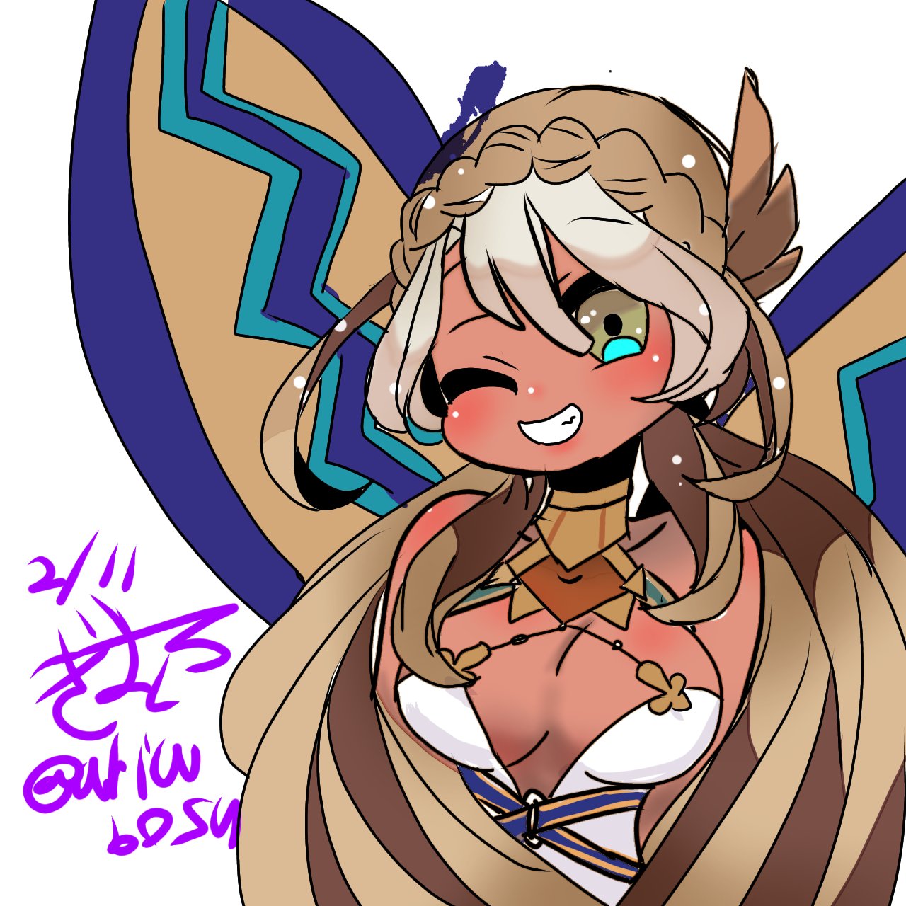 1girl, andromeda_(fate), artistic_error, breasts, brown_hair, choker, covered_nipples, dark-skinned_female, dark_skin, fate/grand_order, fate_(series), gold_choker, green_eyes, hair_ornament, highres, large_breasts, long_hair, multicolored_hair, one_eye_closed, parted_lips, smile, solo, teeth, white_hair, wings