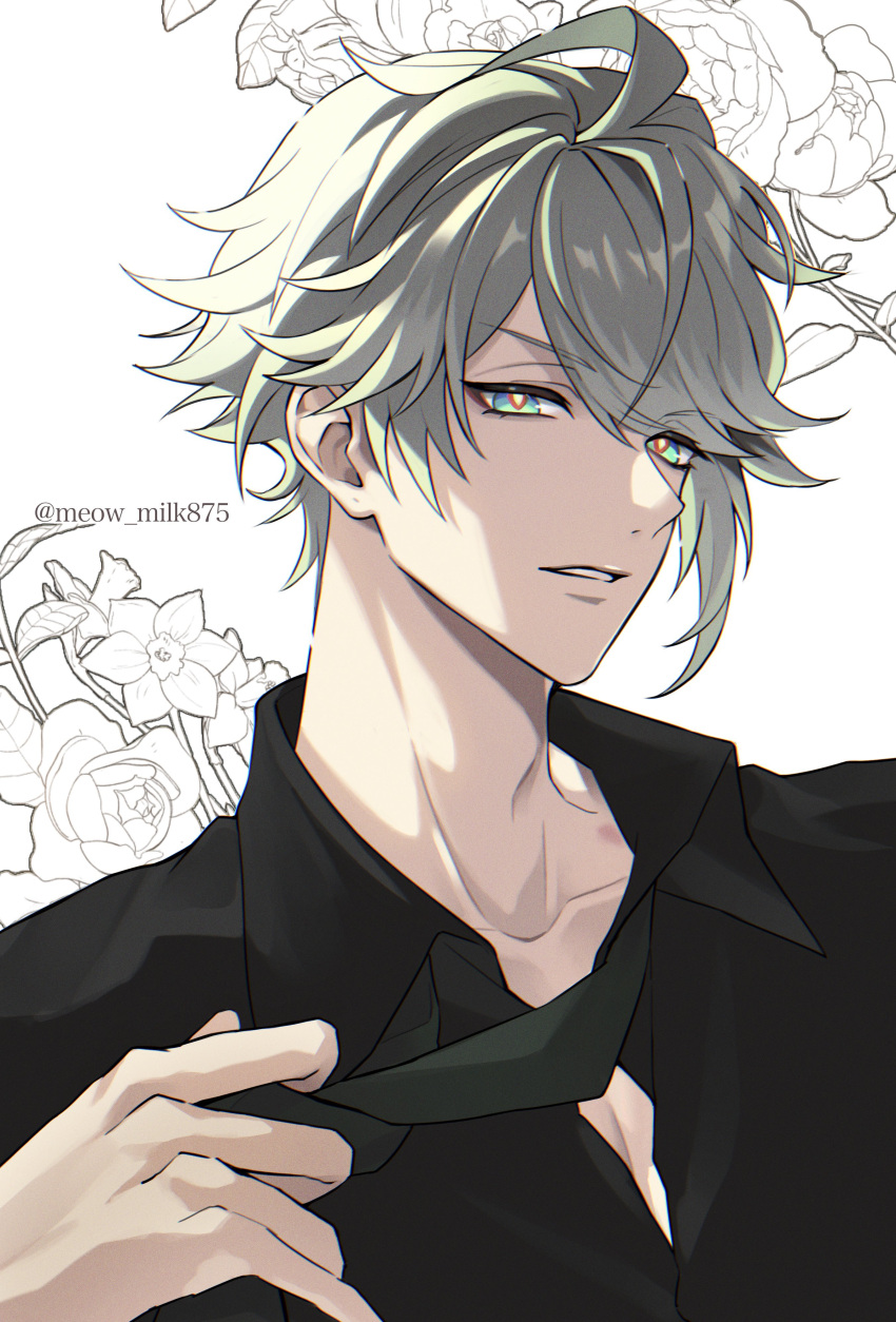 1boy, absurdres, alhaitham_(genshin_impact), black_shirt, collarbone, collared_shirt, genshin_impact, green_eyes, grey_hair, highres, looking_at_viewer, male_focus, nagi_(meow_milk), necktie, portrait, shirt, short_hair, simple_background, solo, white_background