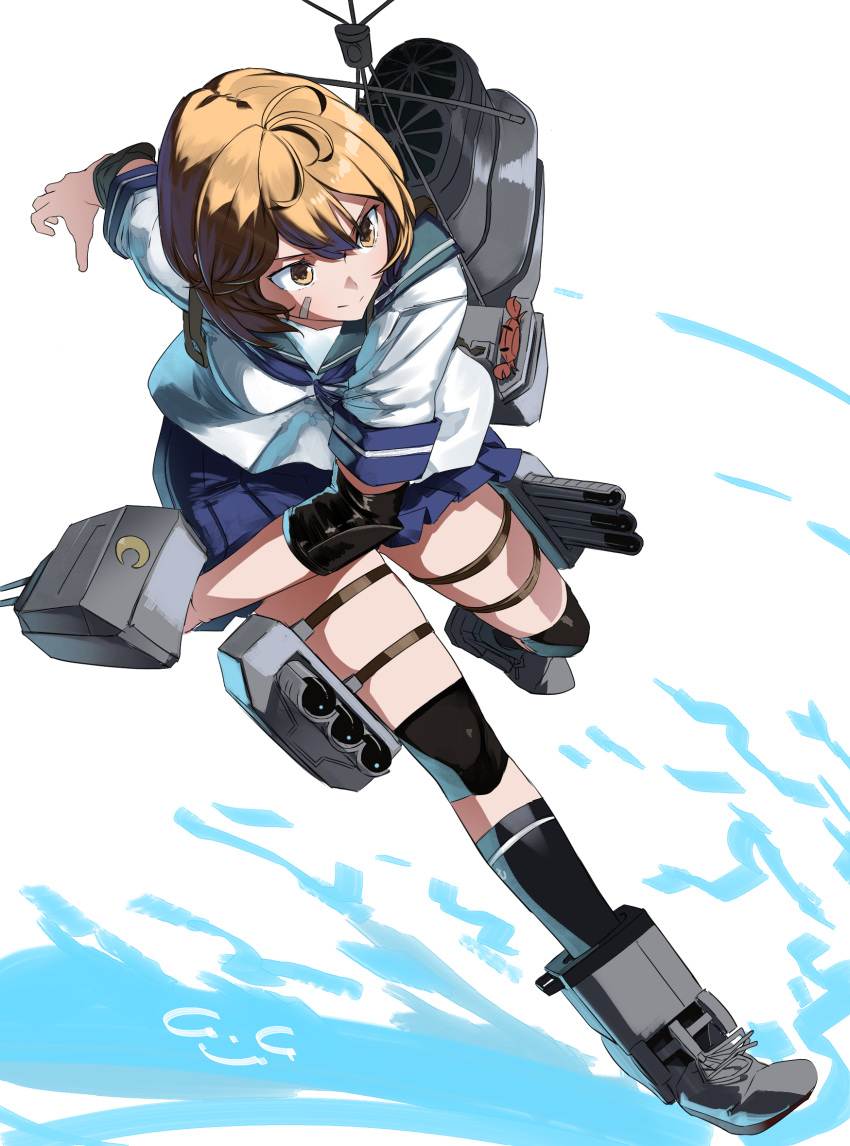 1girl, adapted_turret, bandaid, bandaid_on_face, blue_sailor_collar, blush, brown_eyes, brown_hair
