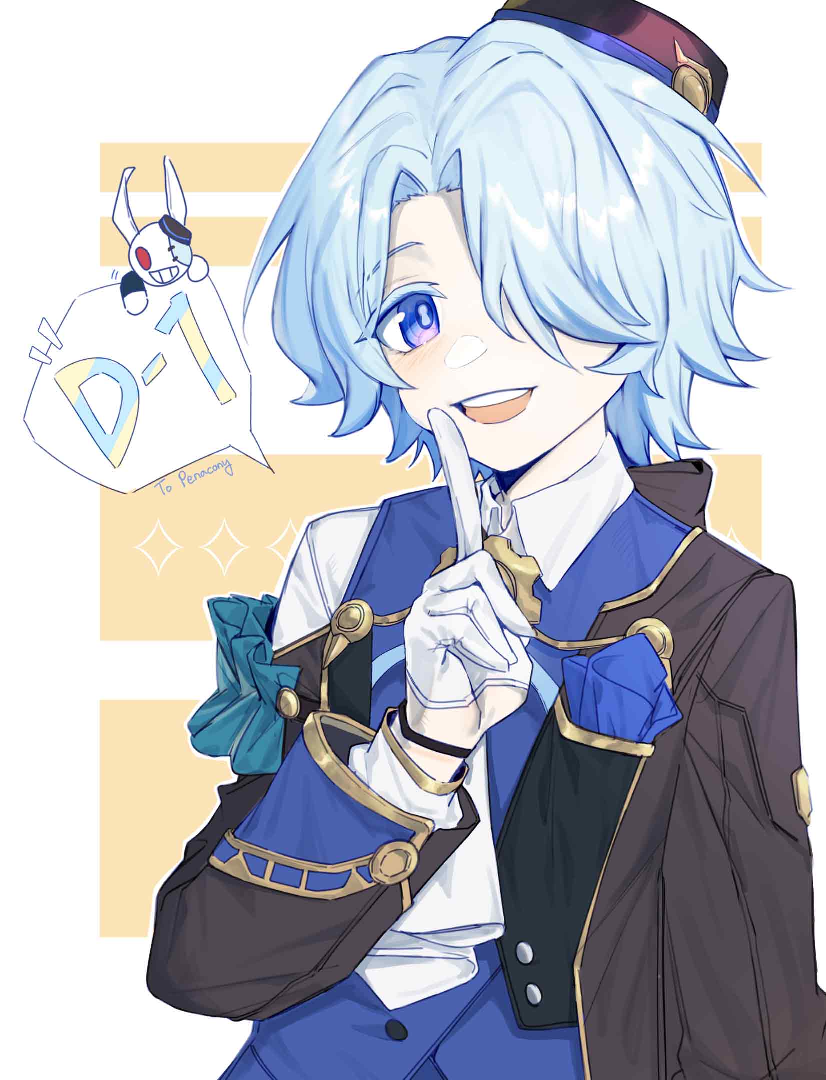 1boy, bana_gameg, black_headwear, blue_eyes, blue_hair, collared_shirt, gloves, hair_over_one_eye, hat, highres, honkai:_star_rail, honkai_(series), jacket, male_focus, misha_(honkai:_star_rail), open_mouth, shirt, short_hair, simple_background, solo, teeth, upper_body, upper_teeth_only, white_gloves