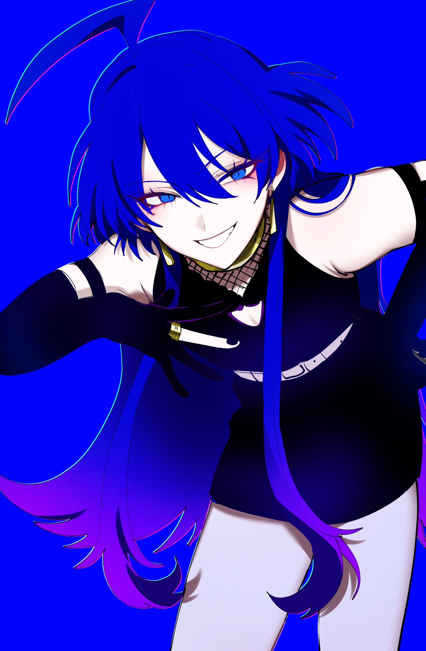 1boy, ahoge, bare_shoulders, bent_over, black_nails, black_skirt, blue_background, blue_eyes