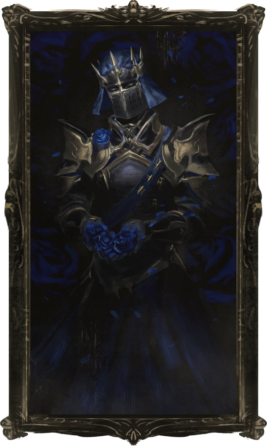 1other, absurdres, ambiguous_gender, armor, armored_skirt, black_gloves, blue_flower, blue_rose