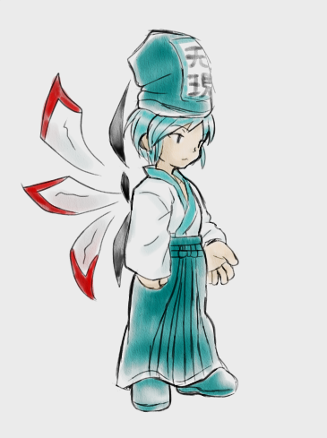 1other, androgynous, aqua_footwear, aqua_hair, aqua_hakama, closed_mouth, commentary_request, fairy_(len'en)