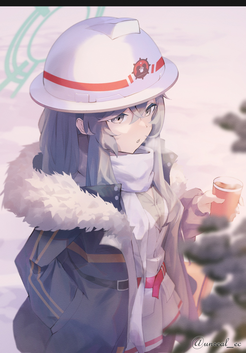 1girl, black_coat, black_pantyhose, blue_archive, coat, cowboy_shot, cup, fur-trimmed_coat, fur_trim, green_halo, grey_eyes, grey_hair, hair_between_eyes, halo, hard_hat, helmet, highres, holding, holding_cup, long_hair, long_sleeves, minori_(blue_archive), open_clothes, open_coat, pantyhose, parted_lips, pleated_skirt, scarf, skirt, solo, twitter_username, unreal_es, white_headwear, white_scarf, white_skirt