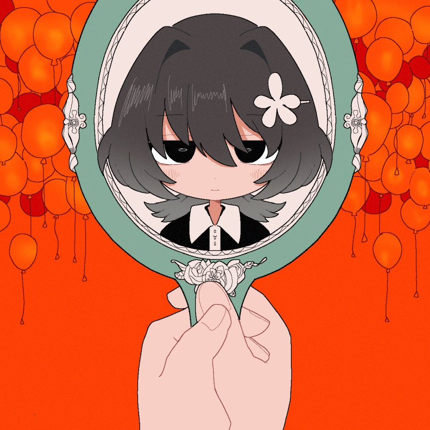 1girl, apricot_(vocaloid), balloon, black_eyes, black_hair, black_shirt, blush, closed_mouth, collared_shirt, expressionless, flower, gradient_hair, hair_between_eyes, hair_flower, hair_intakes, hair_ornament, half-closed_eyes, hand_mirror, highres, holding, holding_mirror, looking_at_viewer, mai_(maimaimaigoen), maimaimaigoen, medium_hair, mirror, multicolored_hair, orange_background, pov, pov_hands, reflection, shiba_inu_(j1piwzrj8xdzywk), shirt, solo, straight-on, white_flower, wolf_cut